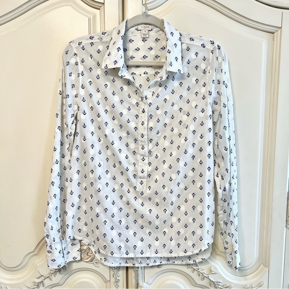 J Crew Factory Women’s Cotton Half Button-Down Top in Cream and Navy, Size Small